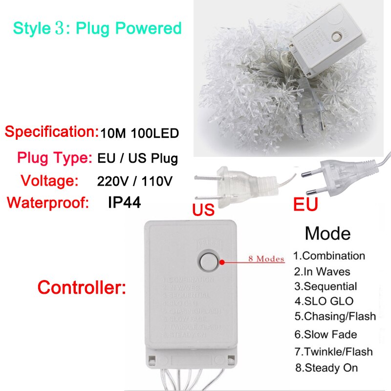 220v eu batteri usb led snöflinga strängljus fairy gardin ljus utomhus julkrans för fest år dekor