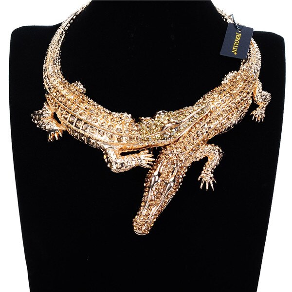 Jerollin stora två krokodiler halsband inlägg hel strass kvinnor stor choker legering uttalande smycken haklapp maxi halsband: N0012301