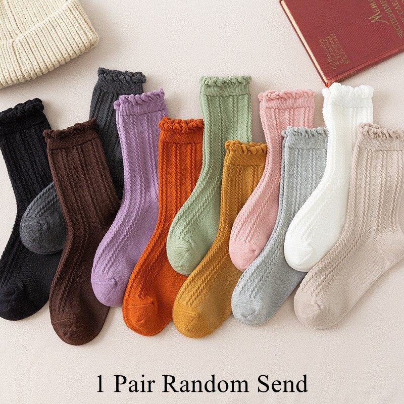 Frilly Ruffle Socks Japanese Style Kawaii Cute Cotton Woman Socks Harajuku Retro Casual Solid Color White Black Beige Crew Socks: 1 Pair Random Send