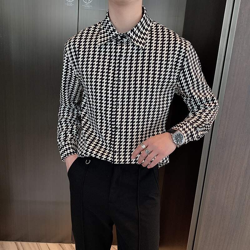 Spring Plaid Shirts Men Long Sleeve Casual Shirt Slim Fit Formal Dress Shirts Streetwear Social Party Blouse Chemise Homme