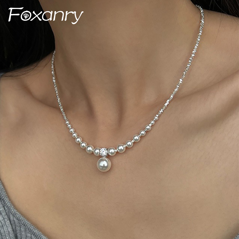 Foxanry 1 Stuk Zilveren Kleur Parel Kralen Ketting Voor Vrouwen Creatieve Elegante Sexy Mode Sleutelbeen Ketting Sieraden Accessoires