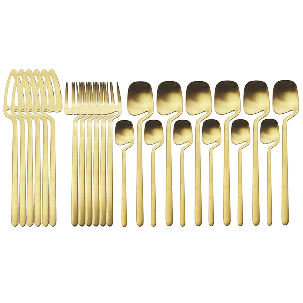 24 Stks/set Zwart Matte Bestek Set Voor Cake 304 Rvs Dessert Set Mes Vork Lepel Diner Set Keuken Bestek set: Gold for 6