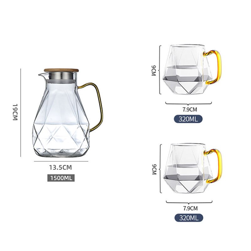 Jarra de agua fría y para Set de Tetera, jarra de café transparente con textura de diamante de 1,5 l, garrafa de agua para el hogar, tetera resistente al calor Se: 1 teapot 2  tea cup