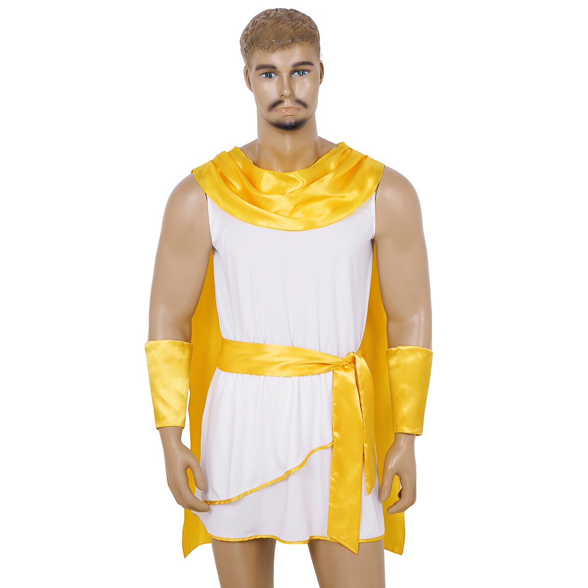 Mannen Volwassenen Mythische God Kostuum Deluxe Classic Toga Tuniek Kostuum Jurk Bevestigd met Goud Satijn Cape Riem en Pols Kaphandschoenen