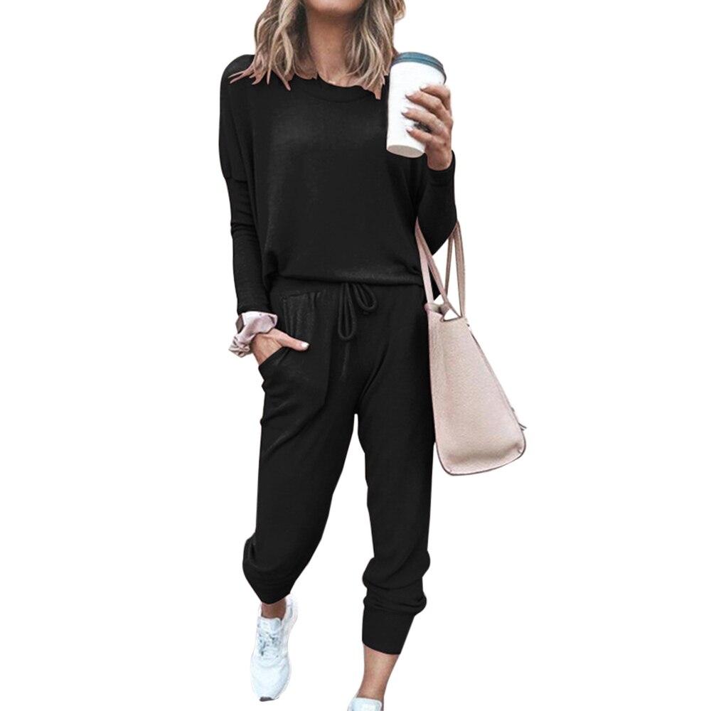 Chándal rosa para mujer, conjunto de 2 Uds., jerséis de cuello redondo, sudadera, pantalones de chándal, traje de manga larga liso, ropa deportiva informal,