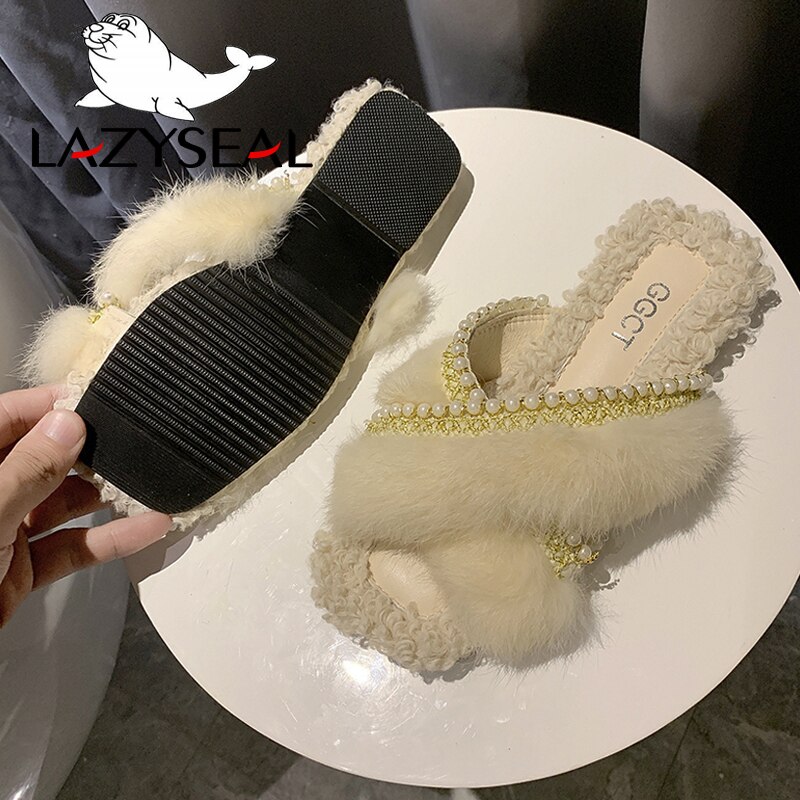 LazySeal Schnur Korn Pelzigen Hausschuhe Frauen Echt Pabbit Pelz kippen-Flops Frau Schieberegler Perle Rutschen Flache sohlen Hausschuhe Plüsch schuhe