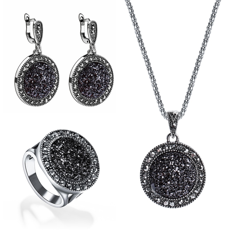 MISANANRYNE Vintage Schwarz Edelstein Schmuck Set Frauen Schmuck Set Antike Silber Kristall Runden Stein Anhänger Halskette Sets