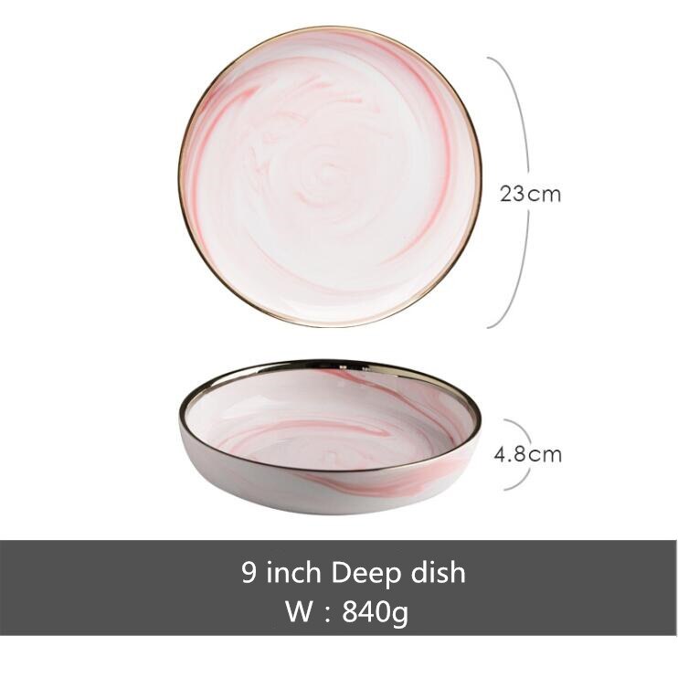 Prato de jantar de mármore rosa conjunto de utensílios de cozinha de cerâmica conjunto de pratos de comida salada de arroz macarrão tigela sopa cozinha entrega gratuita: 9inch deep tray