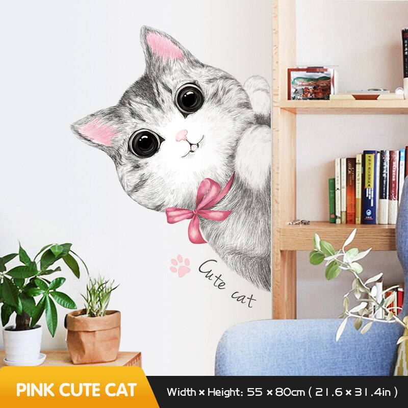 Lindo gato pintado a mano realista pegatina de pared decoración de cabecera de habitación Pared de tienda de mascotas decoración pegatinas de ventana autoadhesivo decoración del hogar: Pink cute cat