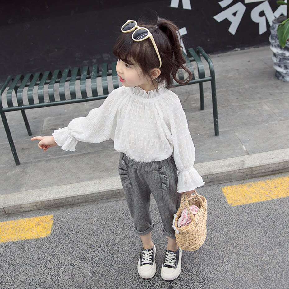 Camisas para niñas, blusa blanca con volantes para niñas, blusa de lunares para niñas, ropa de manga ancha para niñas