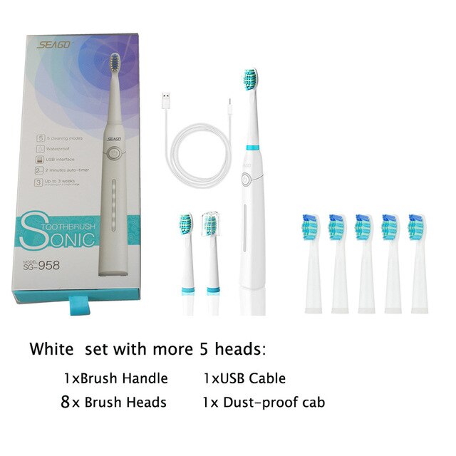 Seago sonic elektrisk tandbørste usb genopladelig med voksne 5 udskiftningshoveder til sort hurtig start timer tandbørste: Hvid med 5 stk 899