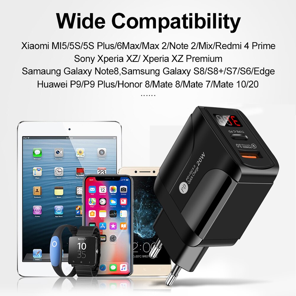 Quick Charge 3.0 Qc Dual Usb Pd USB-C Oplader Digitale Display Fast Charger Voor Iphone 12 7 Xiaomi Samsung Huawei muur Laders