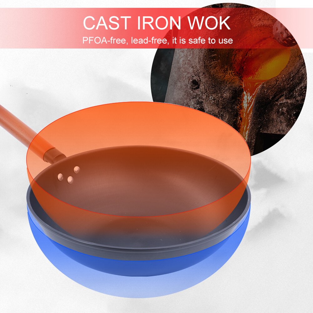 Non-stick Pan Met Deksel Gietijzeren Wok Bak Zonder Olie Rook Koekenpan Wok Zonder Fosfor Keuken Pan voor Oven Gasfornuis