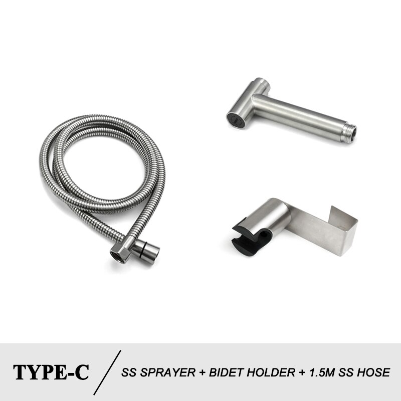 Bidet Douche Kranen Wc Handheld Spuiten Rvs Douche Set Tank Haak Bidet Sproeier Zelfreinigende Shattaf Voor Badkamer: 3 PCS Set SS Hose C
