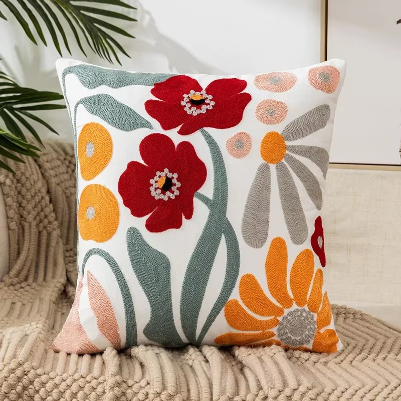 45X45CM Bloem Geborduurde Sierkussen Cover Plant Handdoek Moderne Stempelen Taille Kussenhoes Decor Home Decoratieve kussensloop: Black