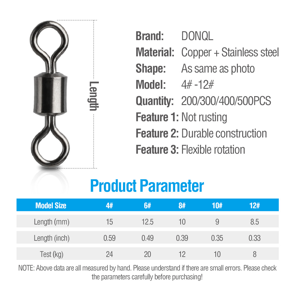 DONQL 200/500PCS Vissen Connector Set Ball Bearing Swivel Solid Ring Vissen Connector Barrel Rolling Swivel Lokken 4 #-12 #