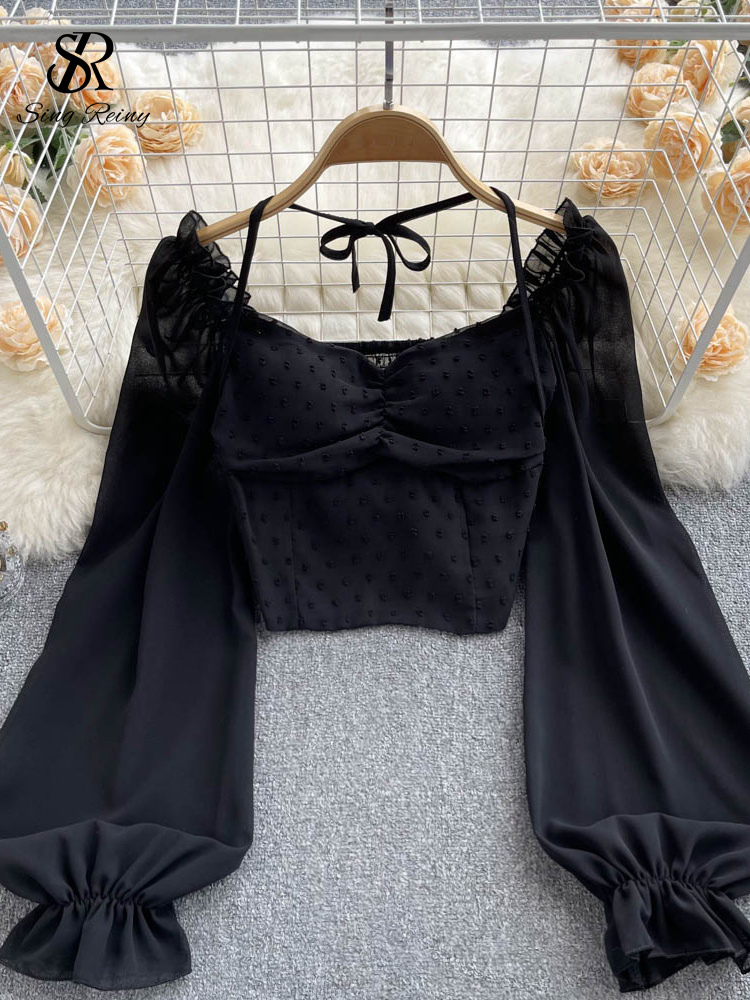 Singiny blusa curta dobrável de bolinhas, verão, gola slash, manga comprida, feminina, gravata halter, cintura elástica, moda praia francesa