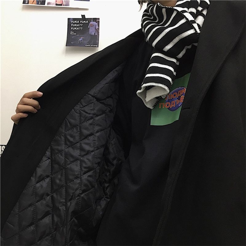 Blends Womens Coat Black Solid Casual Thicken Aesthetic Korean Style Couple Loose Leisure Female Harajuku Trendy Simple Wool