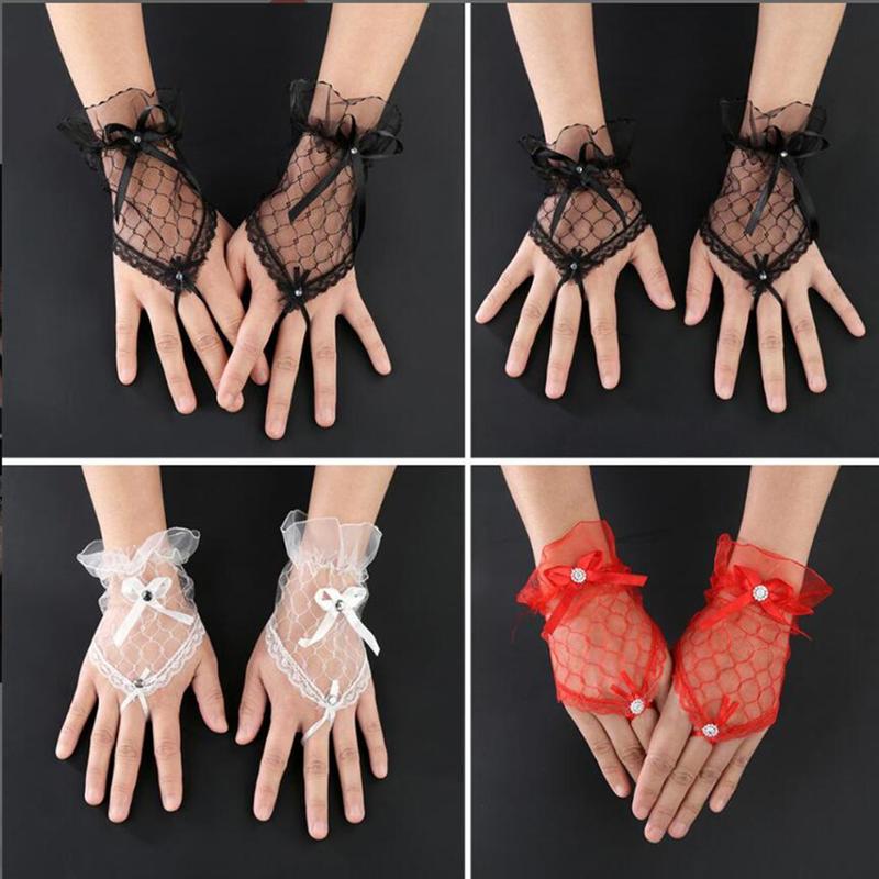 Guantes de encaje rojo de flores para mujer, guantes de vendaje de novia sin dedos, accesorios para vestido de novia, 1 par
