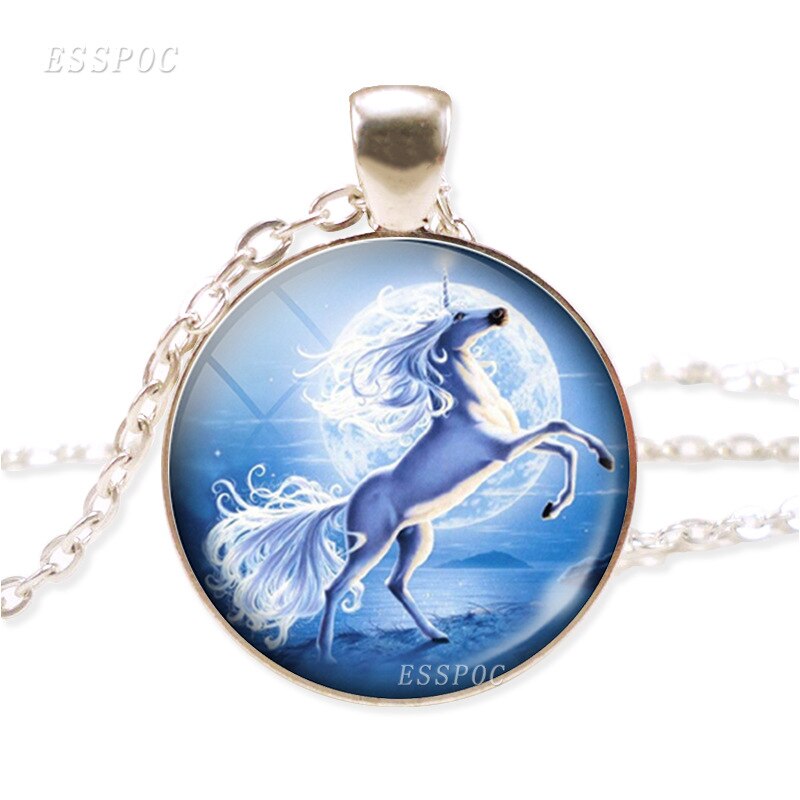 NPKDS di Modo Nuovo Collana In Lega di Zinco di Vetro Del Pendente Rotondo. Unicorn Tempo Gioiello Della Catena Del Maglione Preferito Regalo Di Compleanno: Full moon unicorn