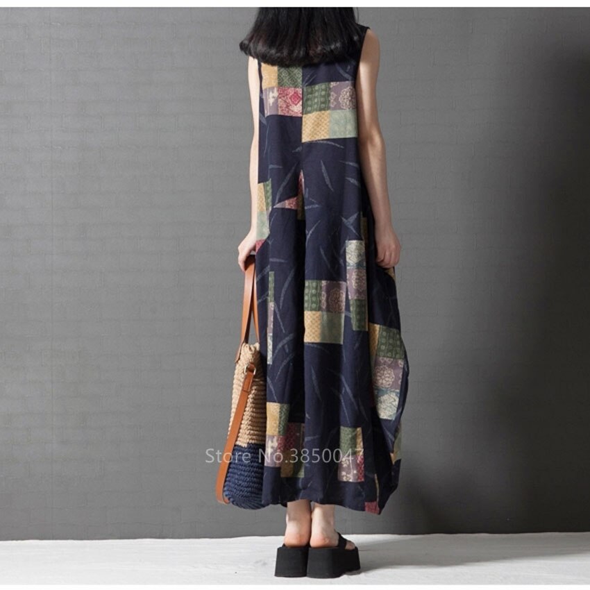 Zomer Mouwloze Jurk Vrouwen Chinese Traditionele Kleding Maxi Linnen Patchwork Tai Chi Losse Vintage Vestido Uniform Set