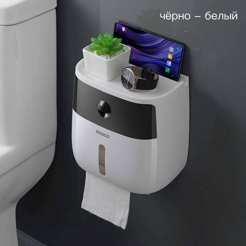Toilet Paper Holder Waterproof Wall Mounted Toilet Paper Tray Roll Paper Tube Storage Box Tray Tissue Box Shelf Bathroom Product: Black And White