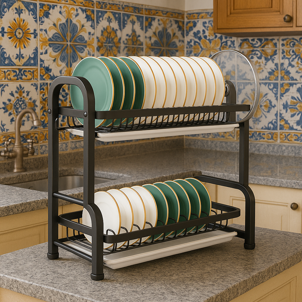 Estante de secado de platos de 2 niveles con soporte para utensilios, estantes ajustables, organizador de cocina que ahorra espacio, sistema de drenaje, gabinete de almacenamiento