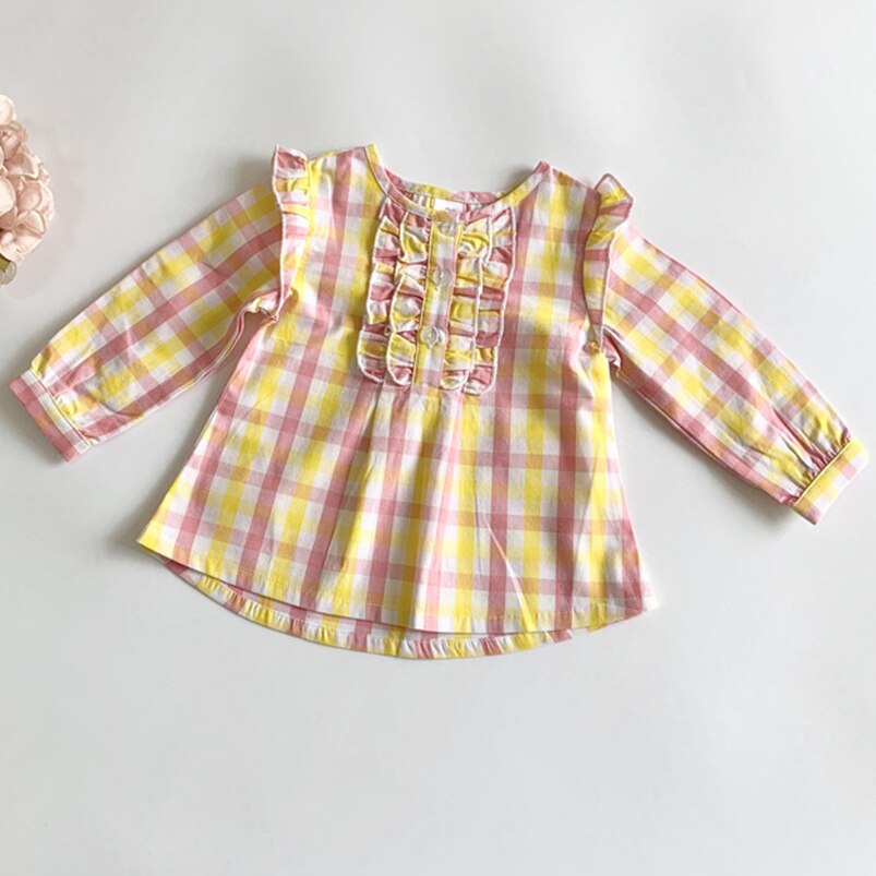 Camicia per ragazze a quadri rosa/gialla camicetta per bambini per bambini primavera proprietà abbigliamento per ragazze camicia per bambini camicia in pizzo principessa neonato