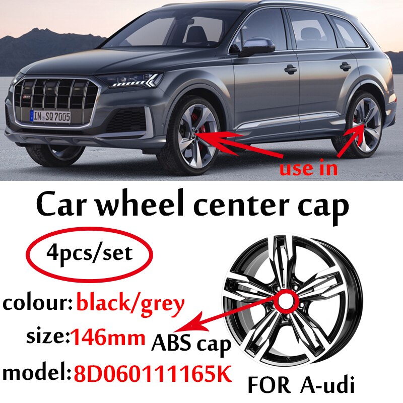 Style de voiture 4 pièces/ensemble Digne TT 14.6CM 146MM Jante De Voiture Bouchon De Moyeu De Moyeu Automatique Bouchon Couvre 8D060111165K Gris/Noir Accessoires De Voiture