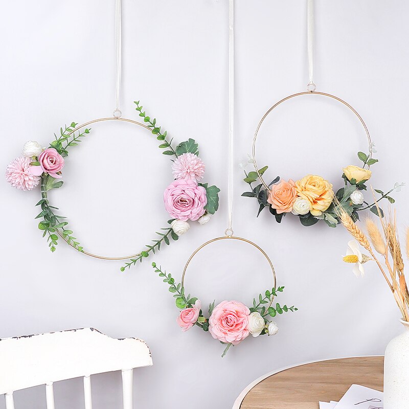 20-30cm Iron Rope Gold Metal Ring Wreath Garland Flowers Wedding Bride Flowers Wreath Handmade Wall Hanging Garland Decoration