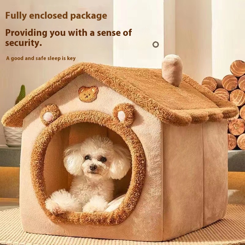 Ganzjahresbett Ich bin Hundehausstil – abnehmbares, waschbares Haustierbett für kleine Hunde, Teddy, Winter, warmes Katzen-Hundehaus: L / Gelb