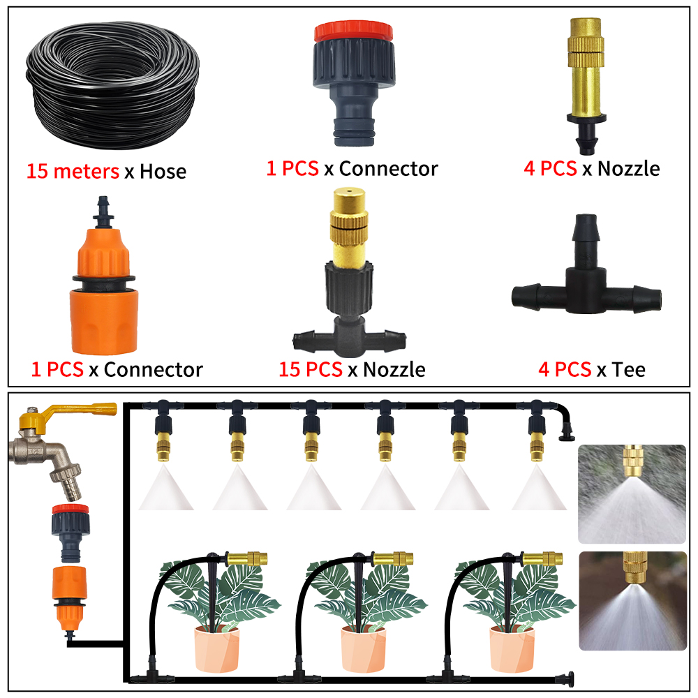 5M-30M Garden Brass Misting Cooling System Irrigation Watering 1/4'' Atomizer Nozzles 4/7mm Hose for Outdoor Greenhouse Pot: Red