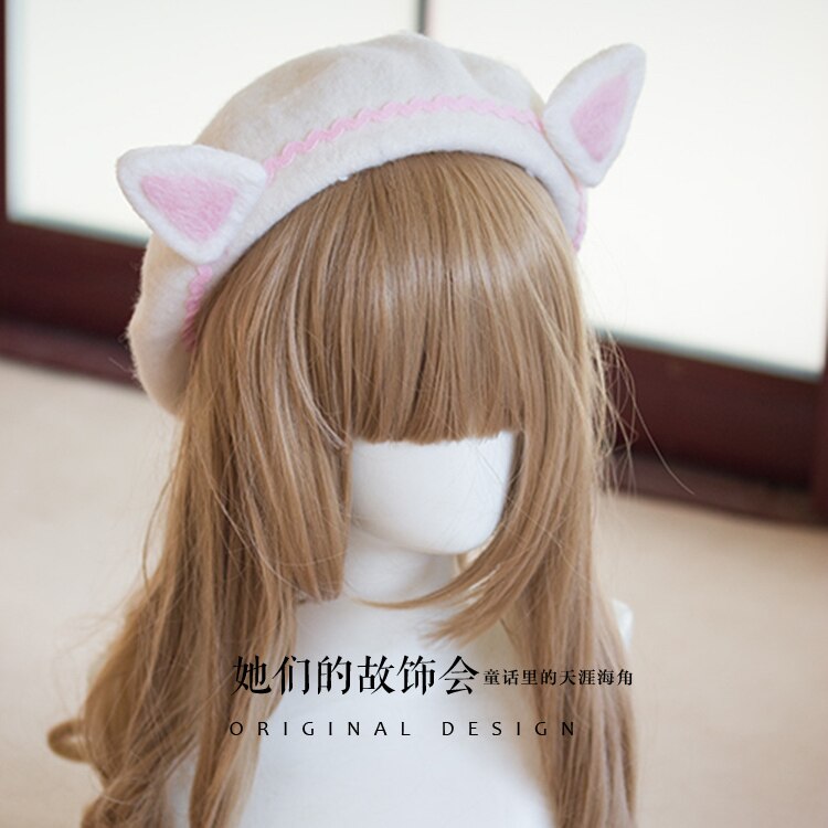 Mori Girl-boinas planas con orejas de gato para mujer, gorro de pintor de lana, Vintage, cálido, para Otoño e Invierno