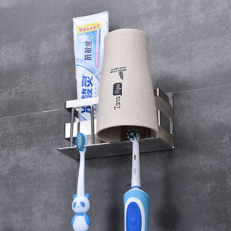 Rustfrit stål tandbørsteholder tandpasta holder stativ klæbende badeværelse køkken arrangør
