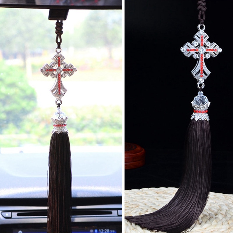 Car Pendant Crystal Diamond Cross Car Decoration Crucifix Automobile Rearview Mirror Decor Hanging Accessories
