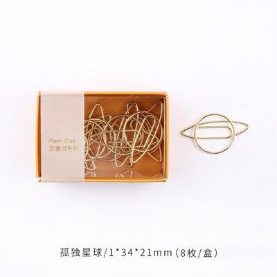 8pcs/box Cute Metal Paper Clips Flamingo Cactus Shaped Cartoon Binder Clip Kawaii Unicorn Planet Bookmark Memo Clips Stationery: 8pcs planet