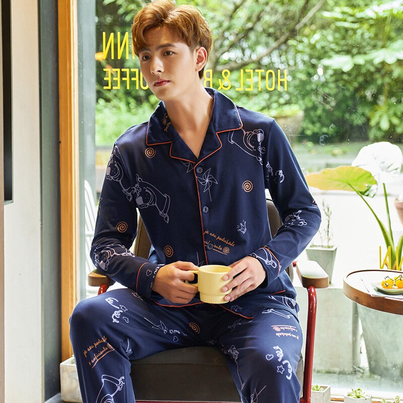 Automne Pyjama hommes ensemble coton printemps Pijama hommes à manches longues solide Pyjama homme Cardigan col rabattu Pyjama mâle L XL XXL XXXL