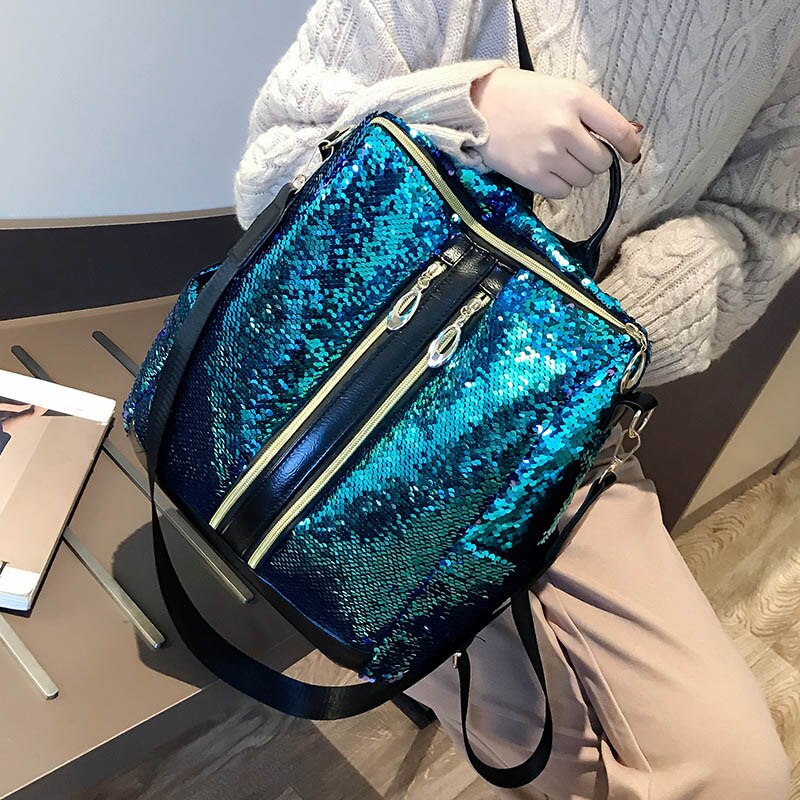 Frauen Rucksack Glitter Pailletten Schulter Rucksack Mädchen Bling Reise Schule Tasche Rucksack Weiblichen PU Daypack Mochila Feminina Mujer: Blau