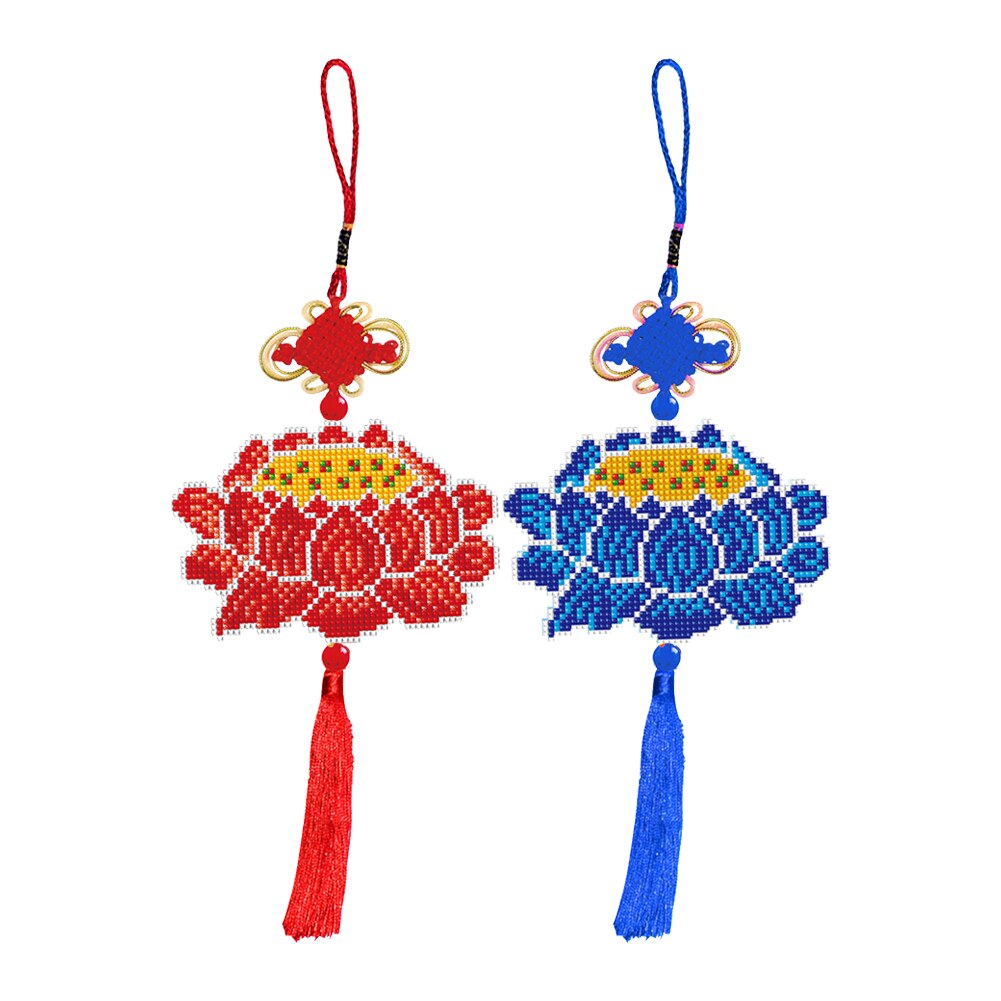 Stamped DIY Lotus Flower Love Heart Chinese Knot Craft Beaded Cross Stitch Car Hanging Printed Embroidery Tassel Kit Pendant