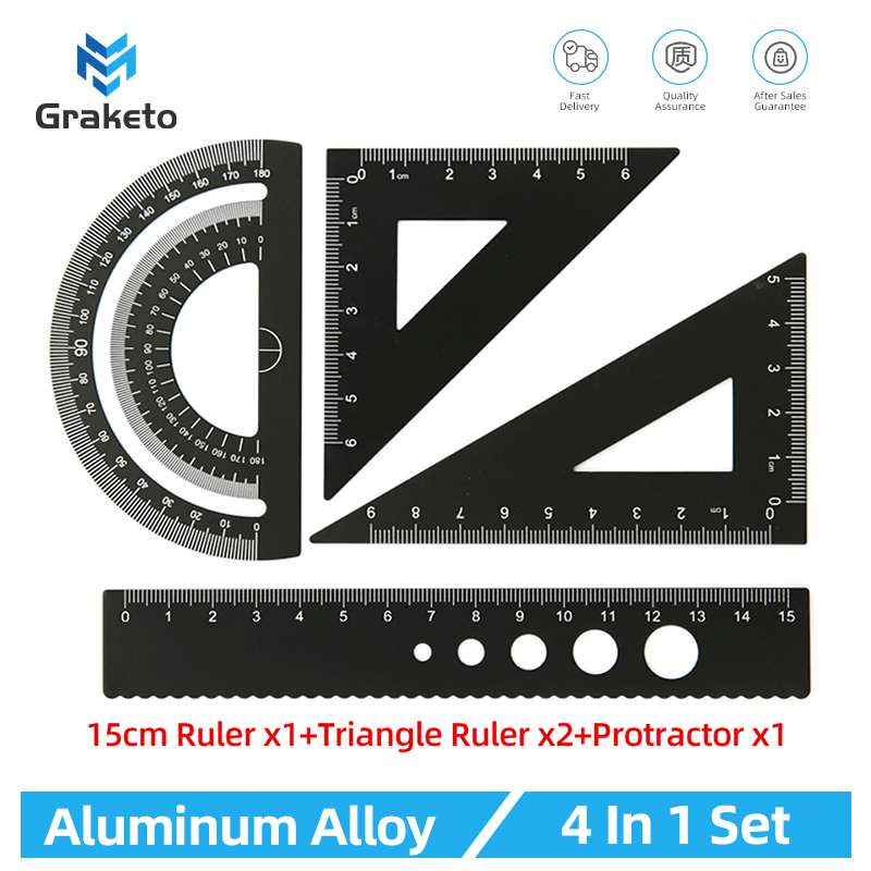 4 In 1 Metalen Liniaal Aluminium Hoekliniaal Gratractor Driehoek Liniaal Multifunctionele Meetinstrumenten Set Vierkante Goniometer