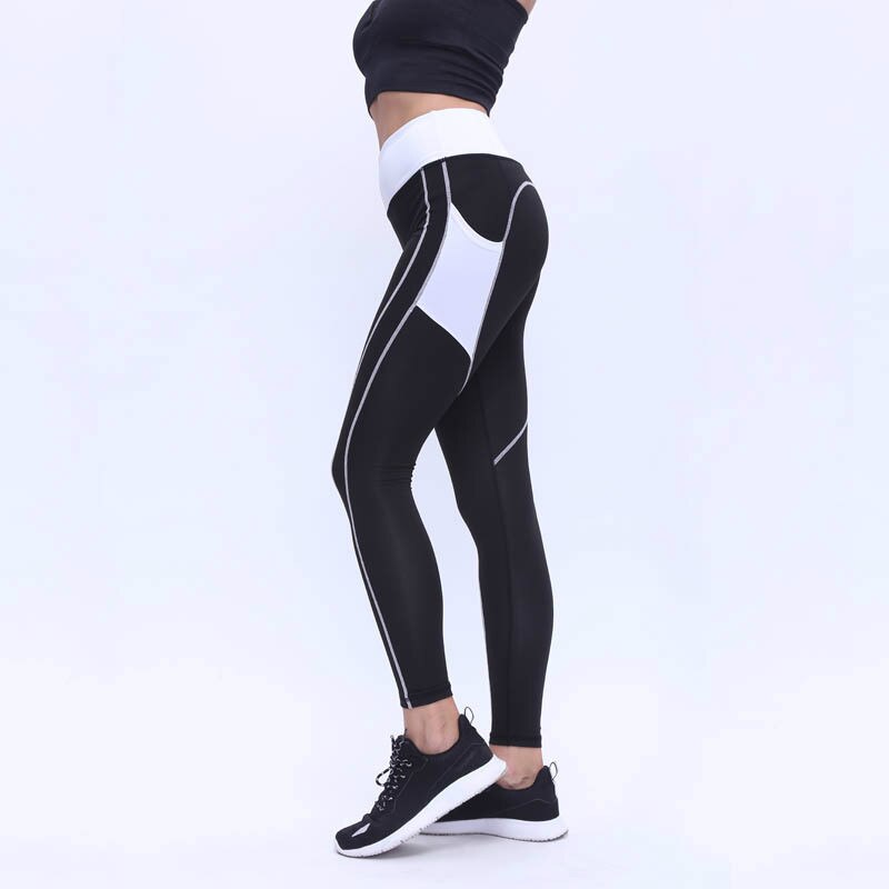 Women Workout Leggings With Side Pocket Black Pink Blue Solid Color Fitness Yoga Pants Breathable Slim Legging For Women: Black / M