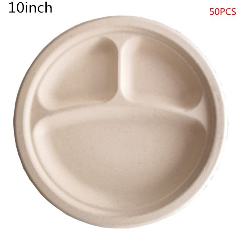 50Pcs/bag 9\"/10\" Degradable Bagasse Paper Plate 3 Compartment Disposable Plate: 10BN