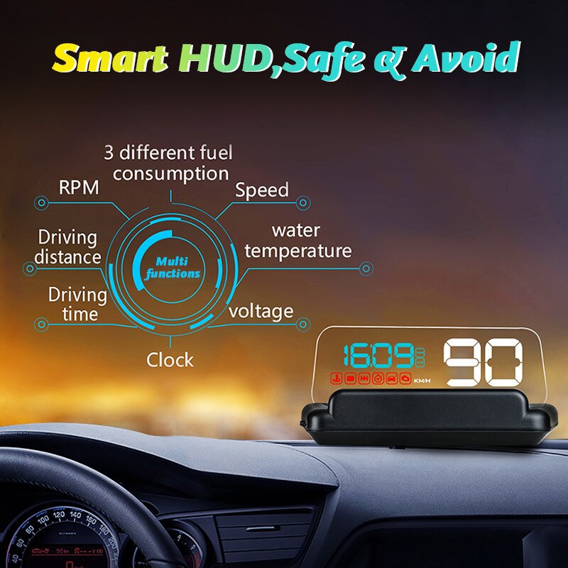 HUD Spiegel Auto LED Kopf hoch Anzeige Windschutzscheibe Geschwindigkeit Projektor Sicherheit Alarm Wasser Temp Überdrehzahl KMH RPM Spannung Tacho