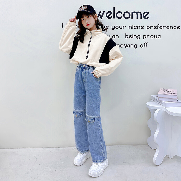 Pantalones vaqueros holgados de pierna ancha para Niña y Adolescente, ropa de Color sólido para niño de 5 a 14 años, novedad de 2022