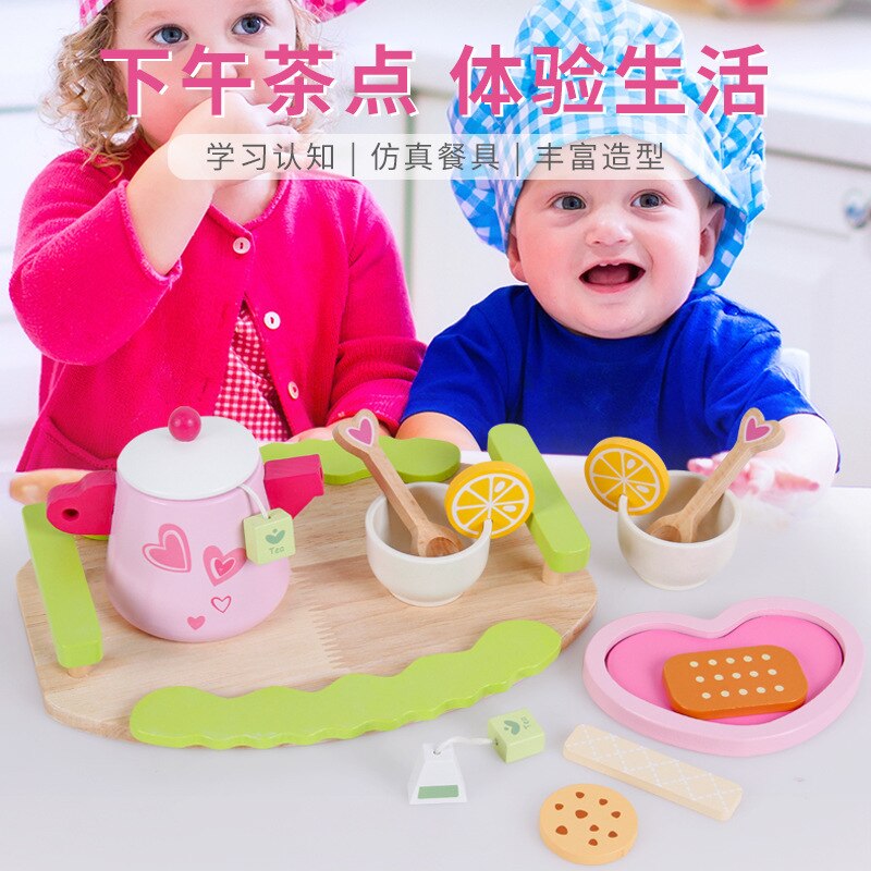 Drewniany dom zabaw popołudniowa herbata zestaw deserowy postać dziecięca zagraj w Model kuchenny interaktywna zabawka edukacyjna dla rodziców i dzieci