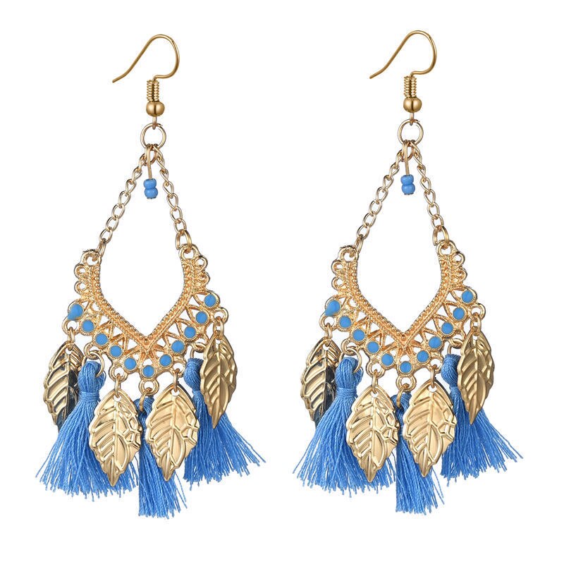 Women Earrings Trend Bohemian Gold Color Alloy Leaf Tassel Dangle Earrings Korean Jewelry: Blue