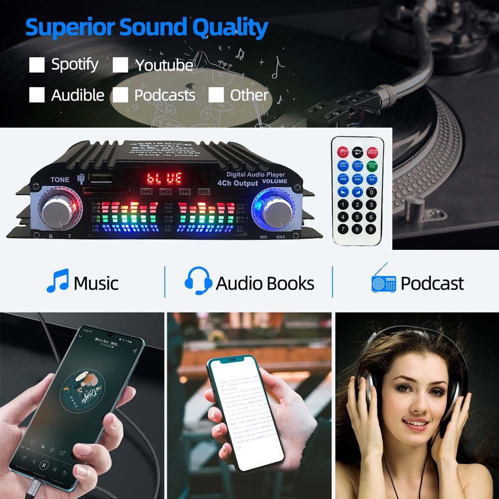1600W Peak HiFi Sound Amplifier FM USB Remote Control Bluetooth Karaoke Player 4 Channel HiFi Stereo AMP Audio Amplifier