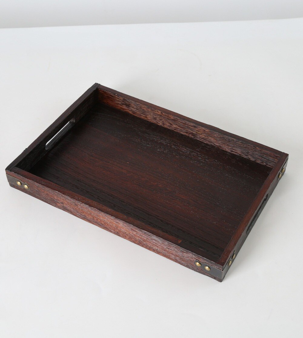 Juego de 3 bandejas de servicio de anidación de madera marrón oscuro de estilo antiguo, con asas cortadas, bandeja de madera, mesa de servicio para té Gong Fu