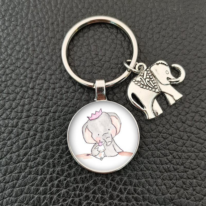 , llavero redondo convexo de cristal con de elefante y elefante bebé hecho a mano, llavero de coche, accesorios de boutique: Café