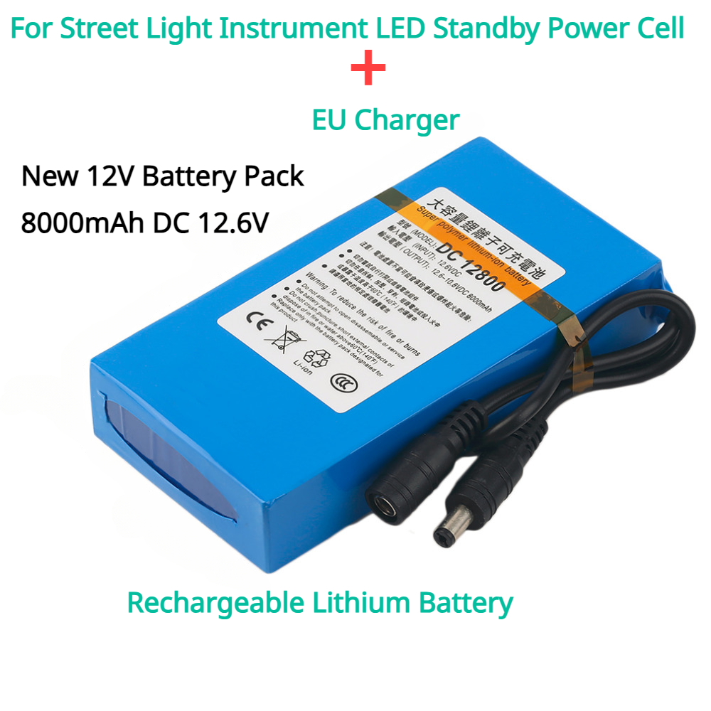 For Street Light Instrument LED Standby Power Cell+EU Charger 12V Battery Pack 8000mAh DC 12.6V Rechargeable Lithium Battery